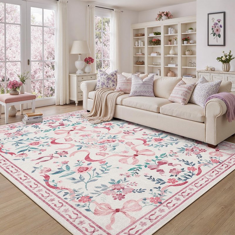DCX Washable 9x12 Bow Rug, Pink Floral Rug for Girls’ Bedroom, Cute Soft Low Pile Indoor Décor Carpet, Kid & Pet Friendly Nursery Rug for Living Room, Dorm, Playroom