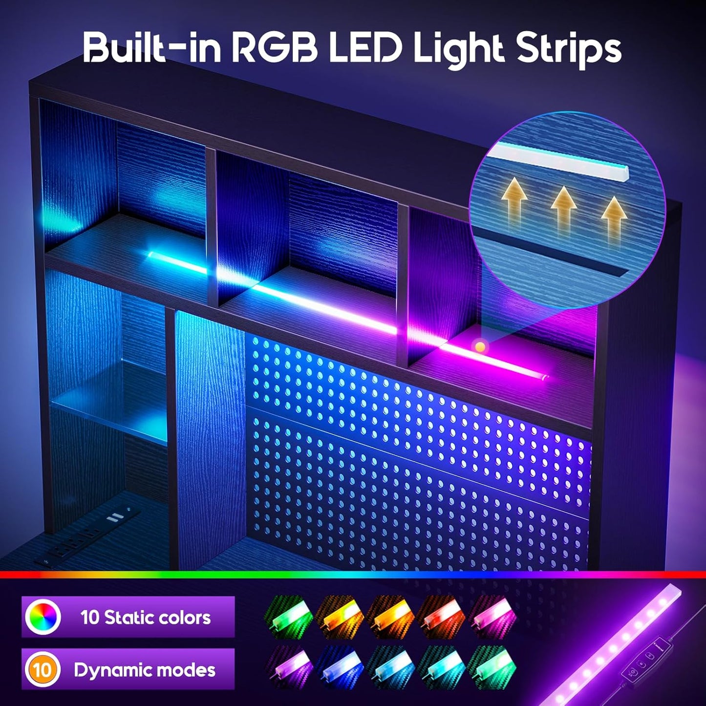 L Shaped Gaming Desk with Hutch - 63" PC Desk with LED Light & Power Outlets | Black