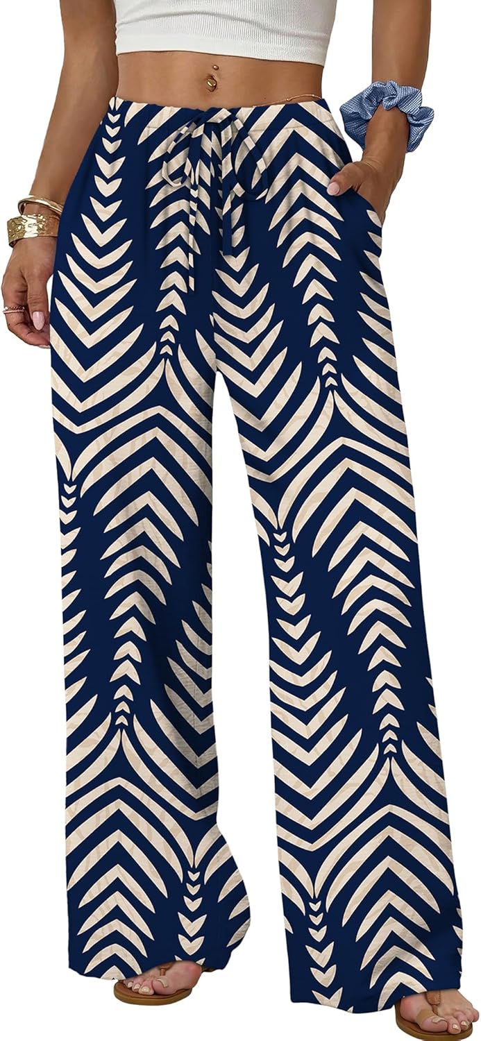 Wide Leg Pants for Women - Flowy Palazzo Trousers with Drawstring & Pockets | Summer Beach Vacation Wear