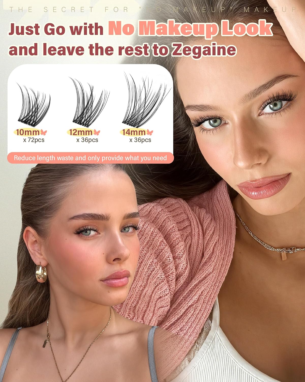 Natural Eyelash Clusters - 10-12-14MM Wispy Extensions | Clear Band, 144 Pcs for No Makeup Look