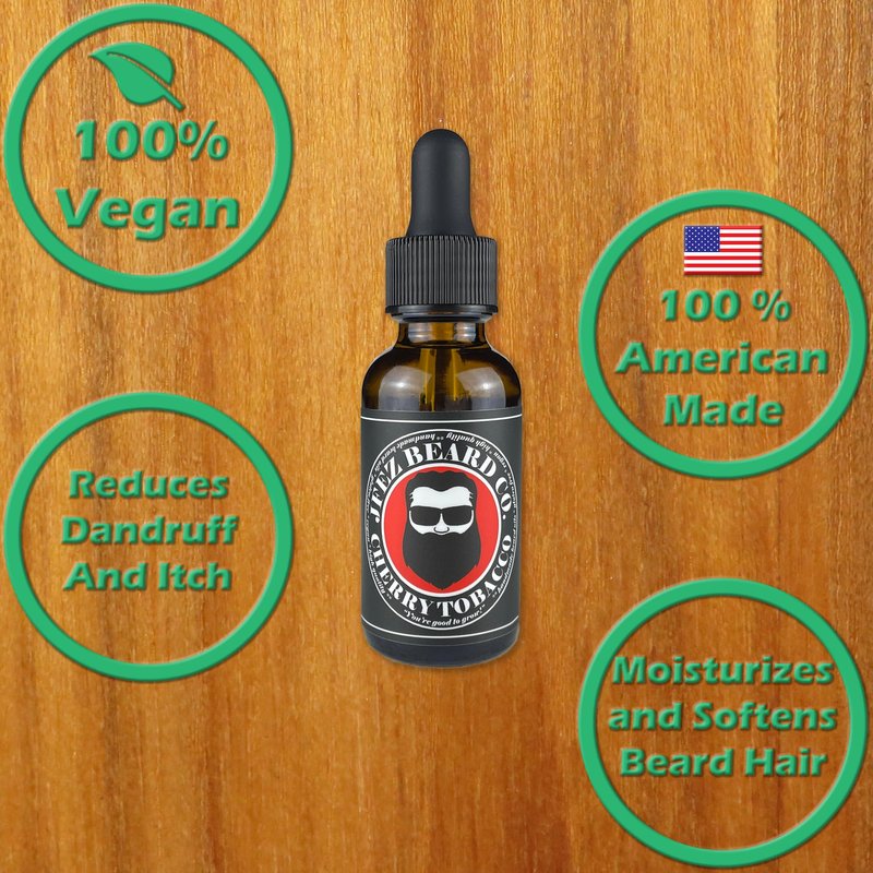 JFEZ BEARD CO. Cherry Tobacco Beard Oil - American-Made Nourishing Anti-Itch Dander Reducing, Mustache and Beard Care Conditioner (1 Oz)