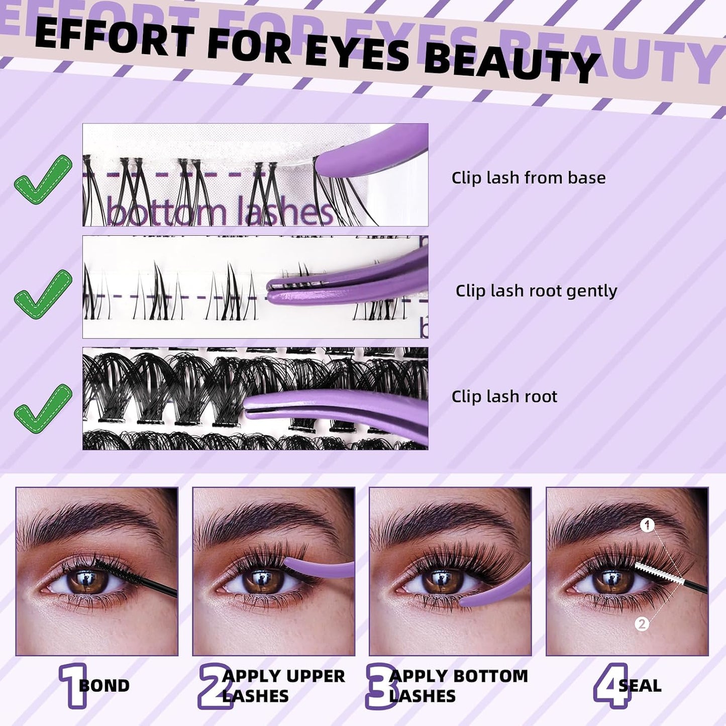 Eyelash Extension Kit - 10-18mm D Curl Lash Clusters with Bottom Lashes | DIY Bond & Seal Applicator