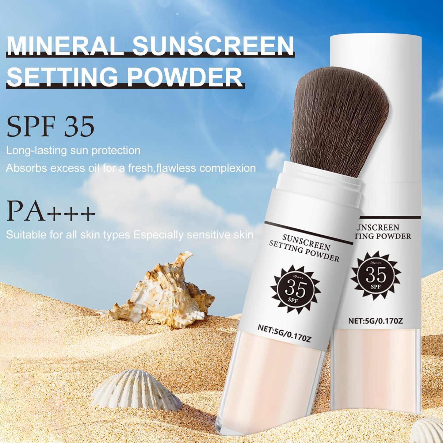 Sunscreen Setting Powder SPF 35, Mineral Brush Powder for Face and Scalp, Oil Control Natural Matte Finish Loose Powder Translucent Lasting Lightweight Breathable for All Skin (#01 Translucent)