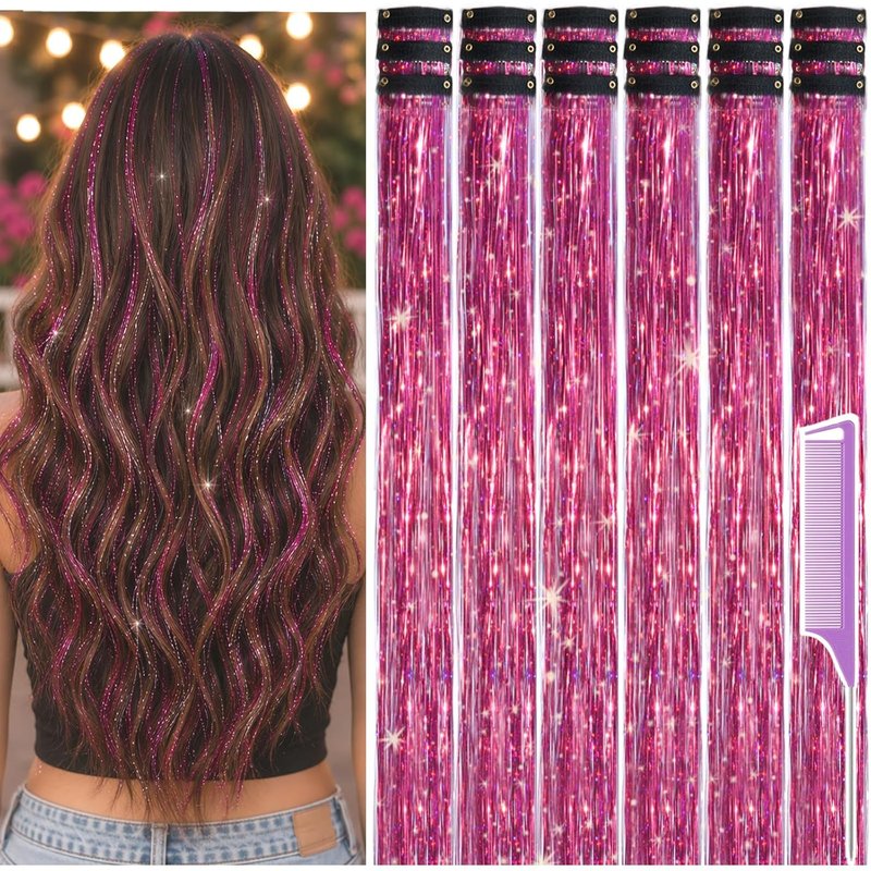 Hair Tinsel - 22 Inch Rose Red Clip-In Extensions | 18 Pcs Glitter Hair Accessories for Parties & Festivals
