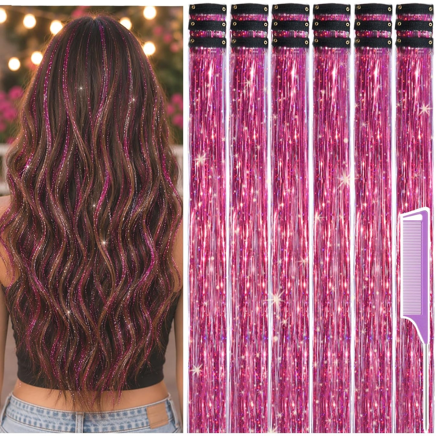 Hair Tinsel Extensions - 22 Inch Pink Glitter Clips | 18 Pcs Fairy Hair Accessories for Women & Girls
