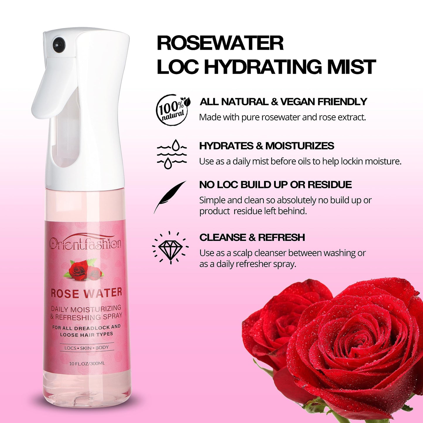 Orientfashion 10 Fl Oz Rose Water Spray for Locs, Loc Moisturizer Refreshing Spray Rosewater Hair Scalp Moisturizer for Hair Care and Maintenance, Castor Oil