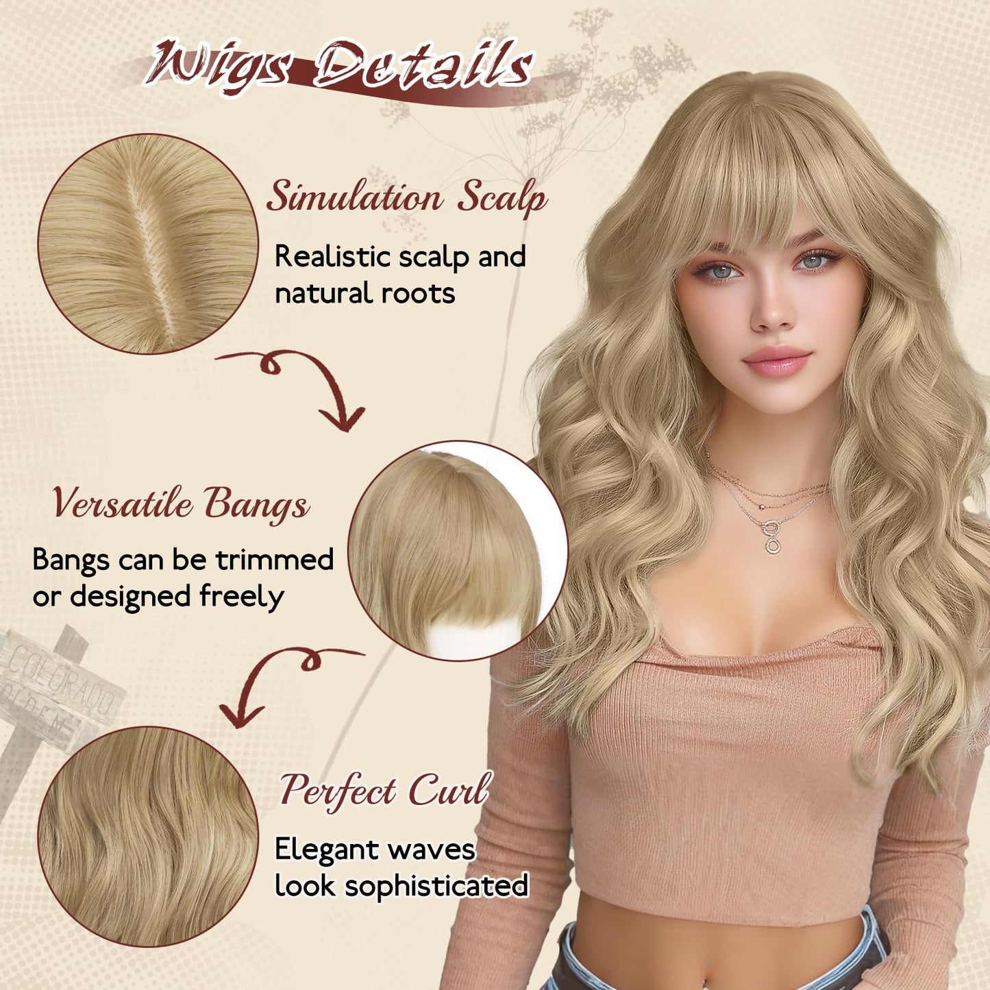 Haloo Blonde Wigs with Bangs - 20 Inch Long Soft Wavy Natural Looking Synthetic Heat Resistant Hair Wig for Women Daily Party, Dirty Blonde