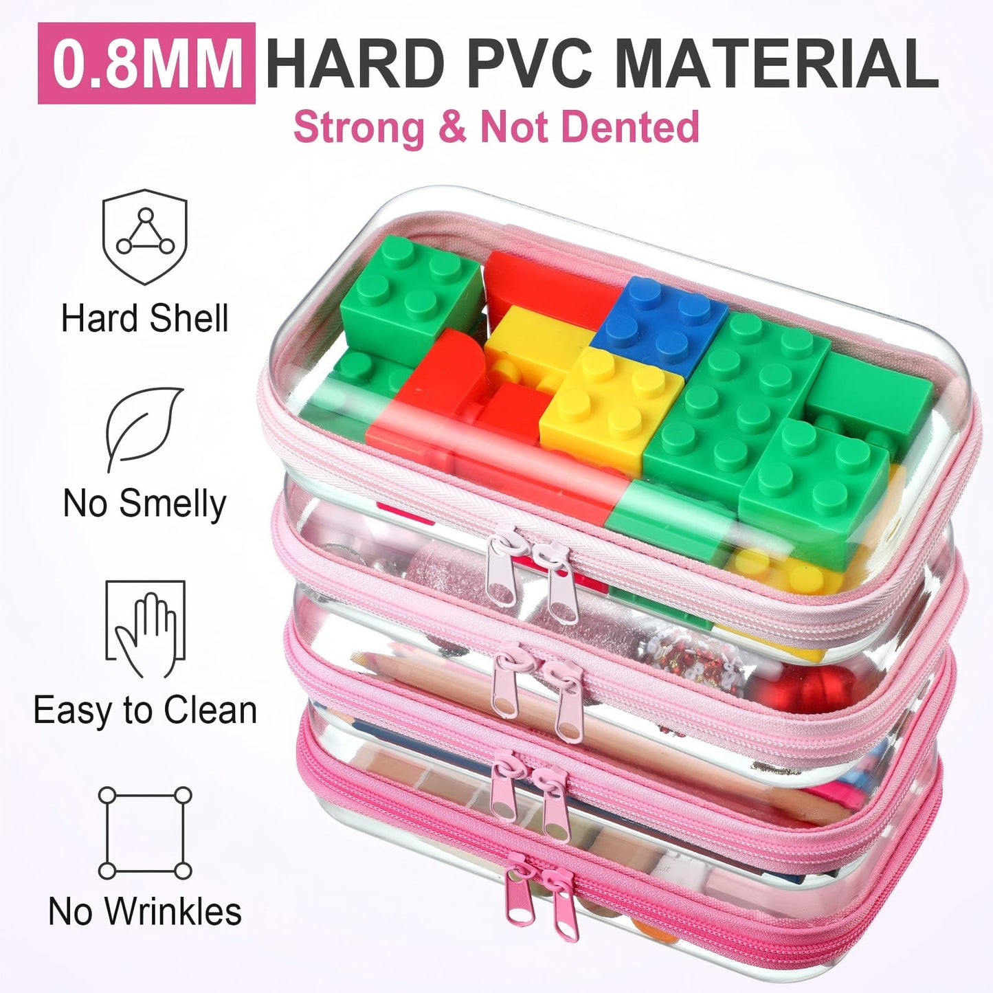 Hoolerry 4 Pcs Hard Clear Zipper Case Makeup Bags Plastic Zipper Pouch Transparent Storage Box Containers for Cosmetics, Snacks, Building Blocks, Puzzles(Clear,7.5 x 3.9 x 2 in,Pink)