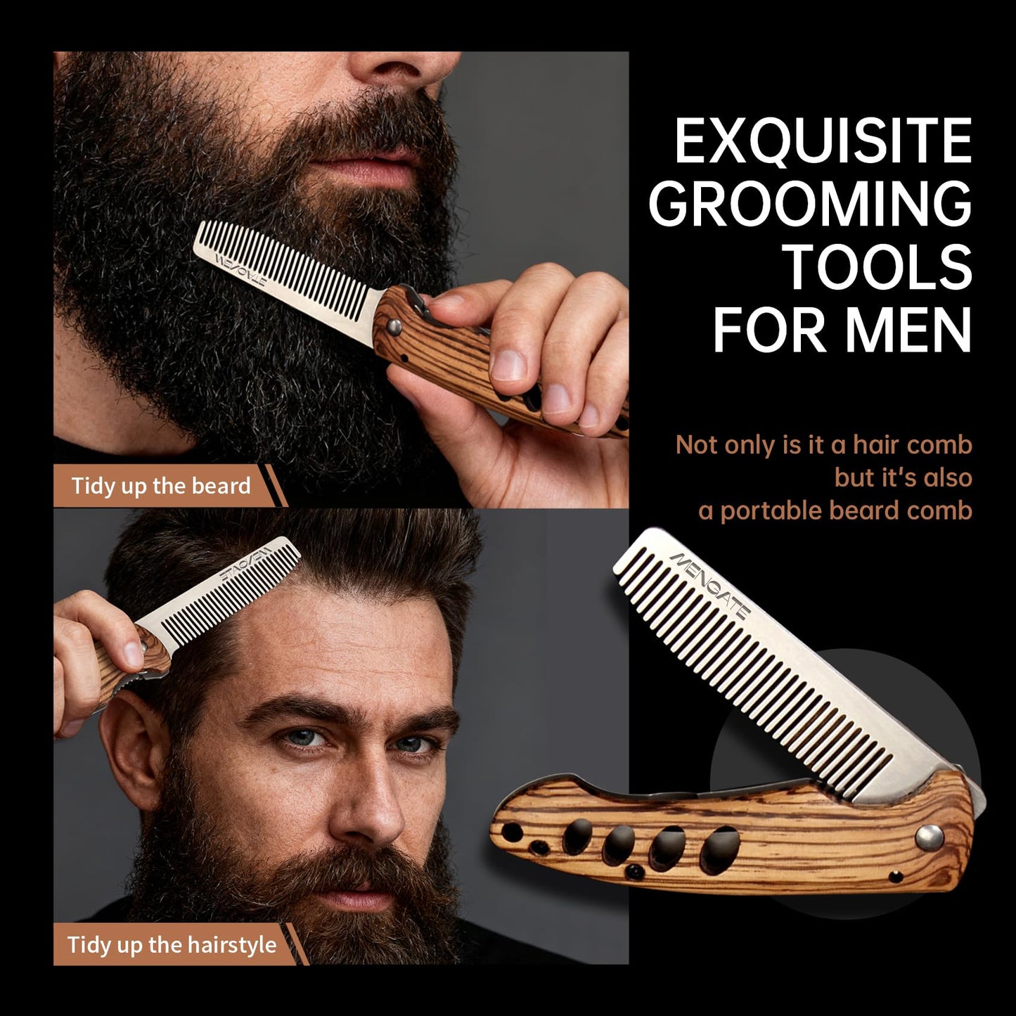 1PC Small Folding Pocket Beard & Mustache & Hair Styling Comb for Men - Metal Tactical Grooming Tool with Wooden Handle, with 180° Rotatable for Outdoor Travel & Home Use - Length 6.57inch