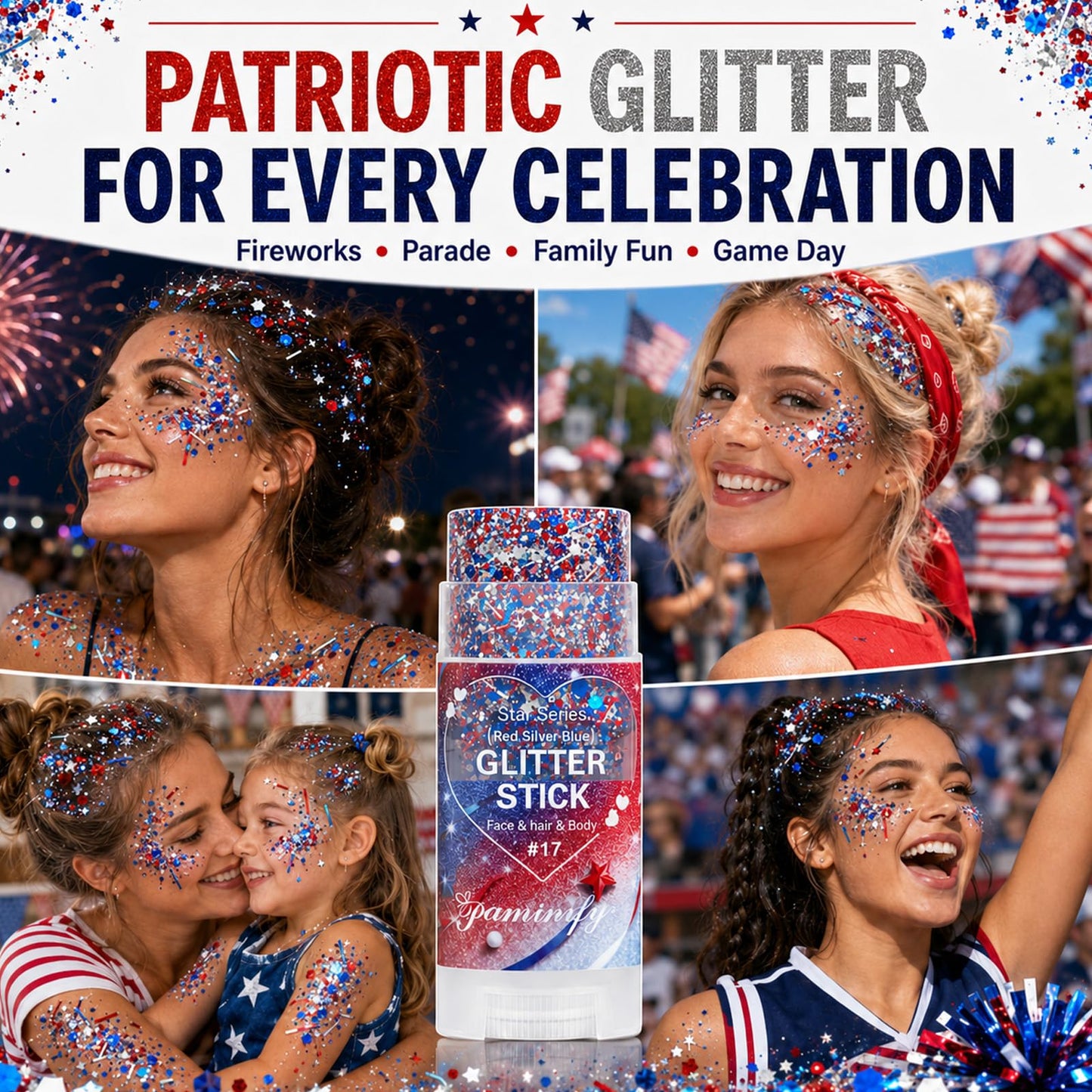 Paminify Red White Blue Hair Glitter Stick,4th of July Patriotic America Stripe Star Face Body Glitter,Fourth of July Accessories,Independence Day Waterproof Cheer Glitter Makeup for Women
