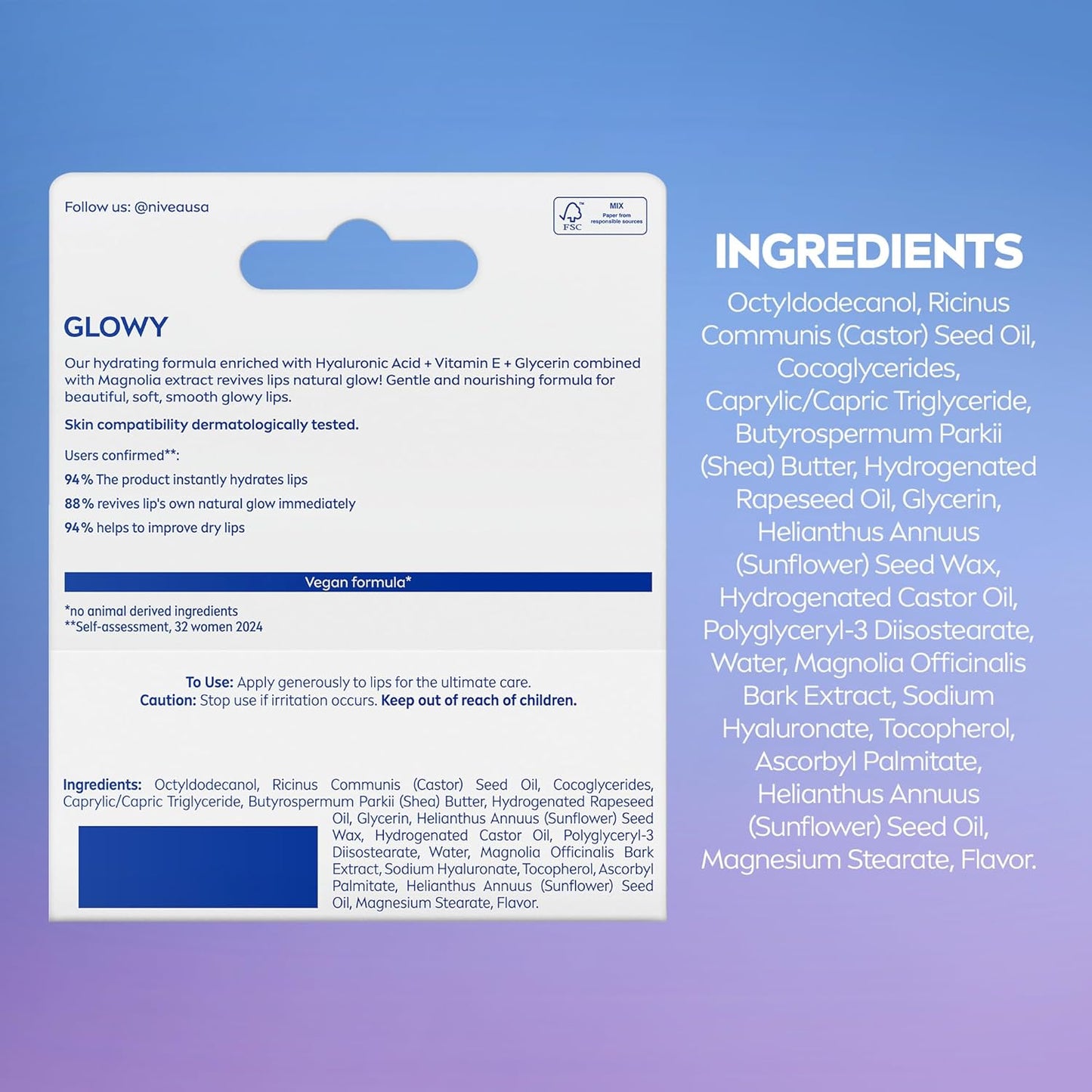 NIVEA Glowy Lips Vegan Lip Balm - Hydrating with Hyaluronic Acid & Vitamin E | 0.35 Fl Oz Tube