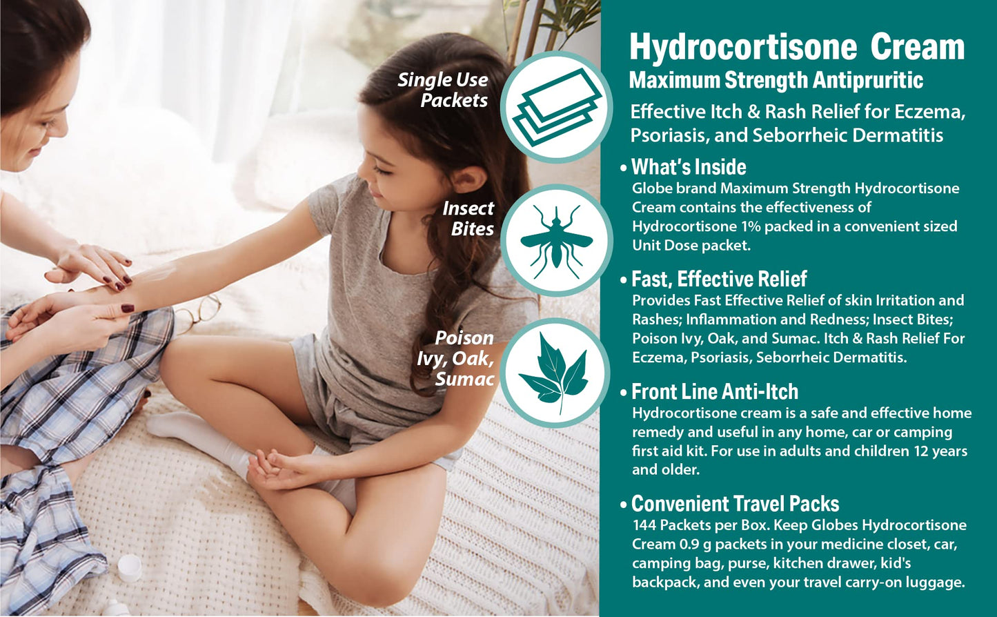 Globe (Box 144 Hydrocortisone 1% Maximum Strength Cream, (0.9g Single Packet) Anti-Itch Cream for Redness, Swelling, Itching, Rash, Bug/Mosquito Bites, Eczema, Hemorrhoids & More