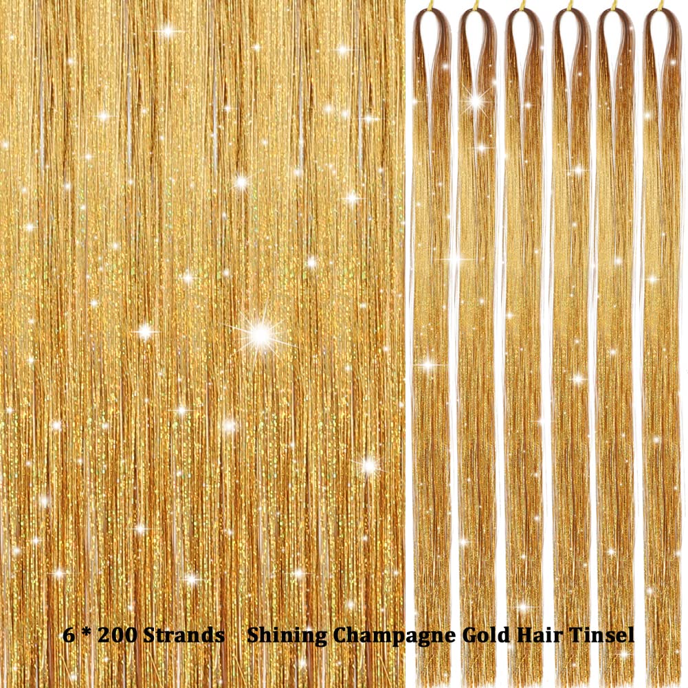 MISSUHUI Hair Tinsel with Tools 47Inch 1200 Strands Glitter Tinsel Hair Extensions Sparkling Shiny Fairy Hair Tinsel Strands Kit Heat Resistant Hair Accessories for Women Girls 6Pcs (Gold)