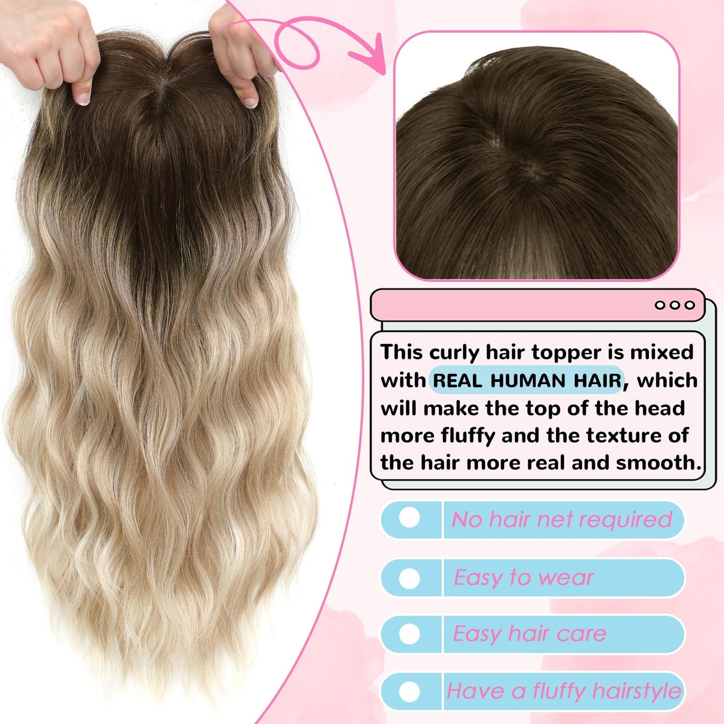 16 Inch Hair Topper for Women with Thinning Hair, Synthetic Curly Wavy Clip-In Topper with Wispy Bangs, Natural Looking Crown Coverage, Lightweight Hair Piece for Volume