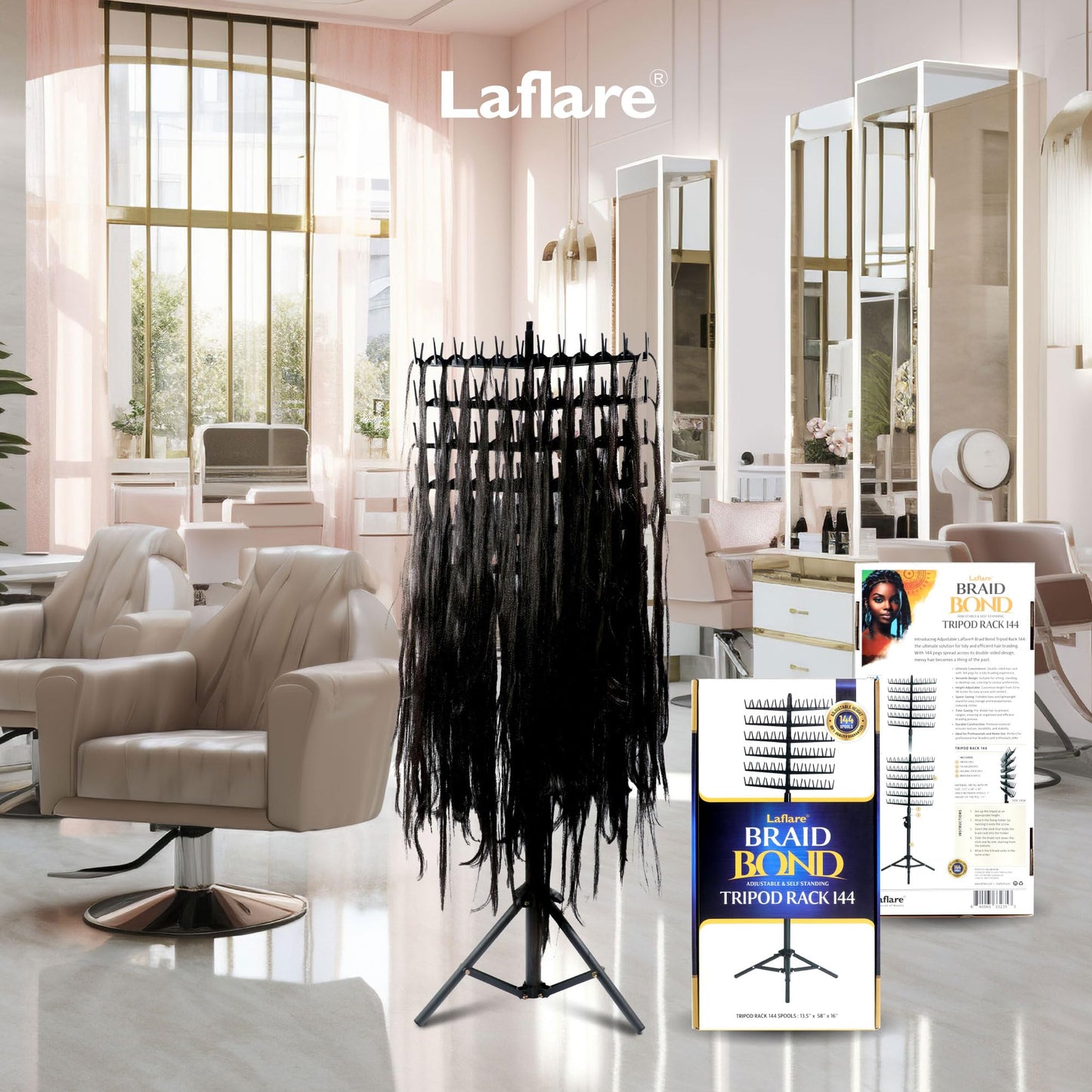 Laflare Standing Braid Hair Organizer – 144 Pegs Hair Extension Holder, Divider & Display Stand for Hair Braiding, Height Adjustable Rack, Easy to Assemble