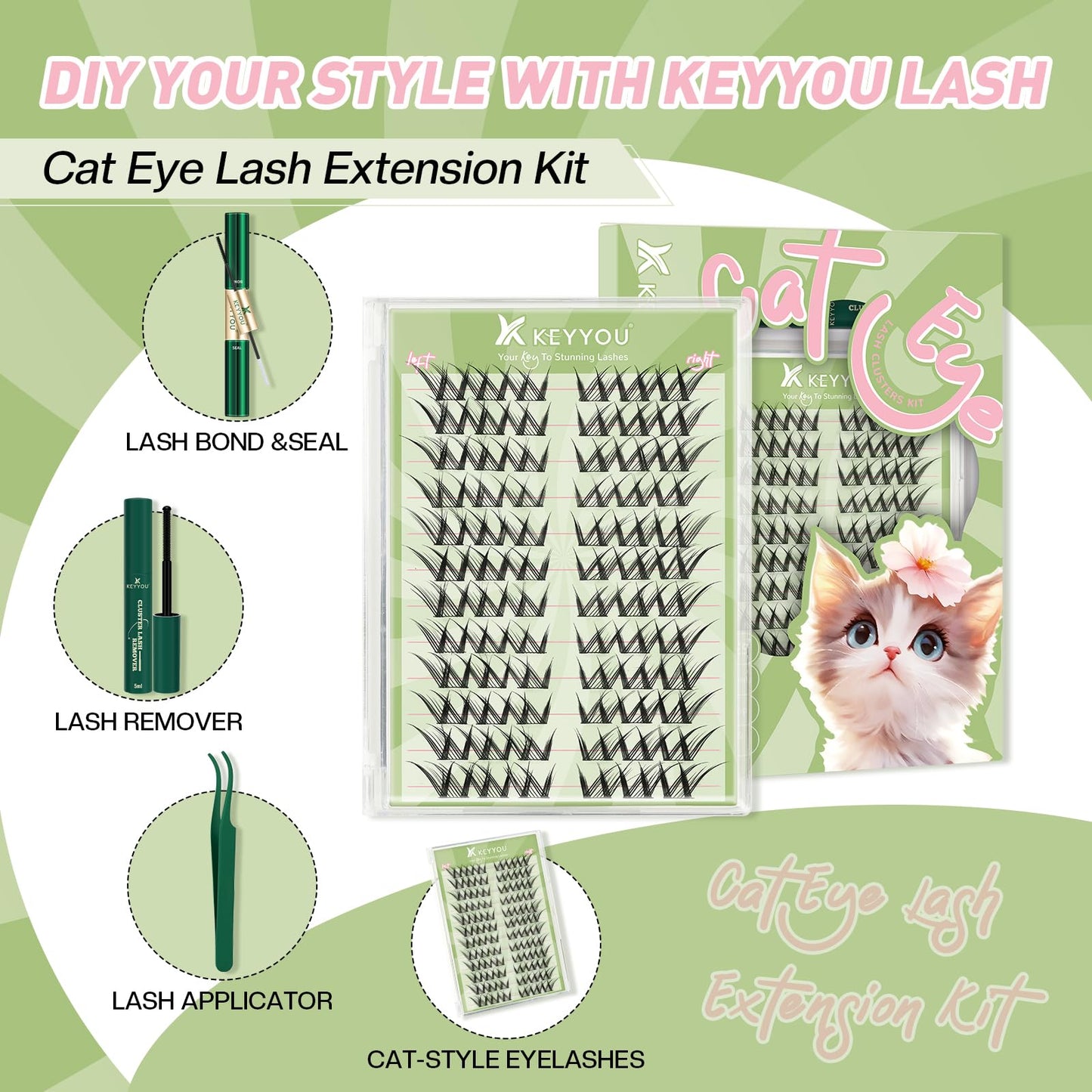 KEYYOU Bunny Lash Clusters Kit Anime Cat Eye Lashes Wispy Natural Cat style Lash Extension Kit with Bond and Seal,Applicators,Remover for Manga DIY Eyelash Extension Kit at Home（MC01）