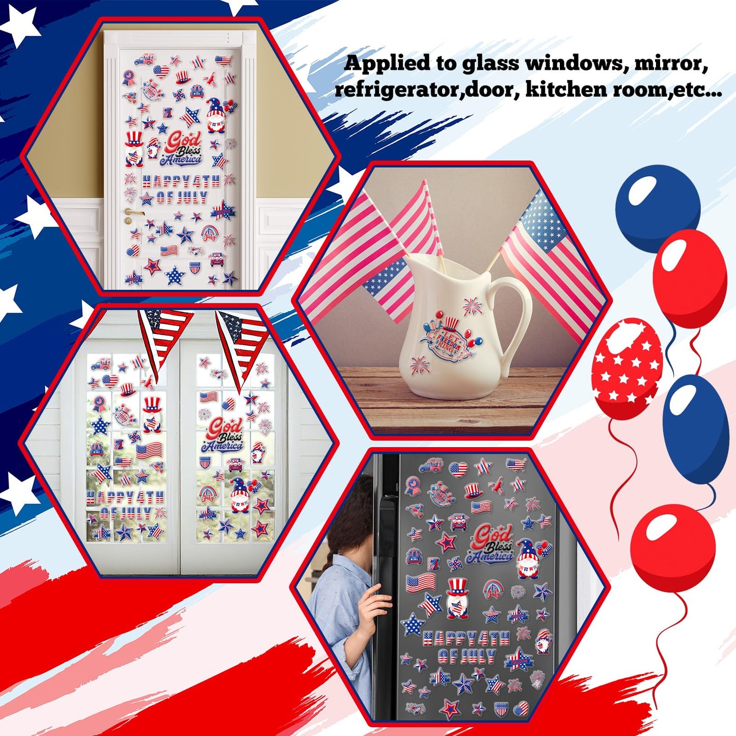 Tellingyou 65 Pcs 4th of July Gel Window Clings Patriotic Stickers Decals Red Blue White American Star Flag Clings for Independence Day Home