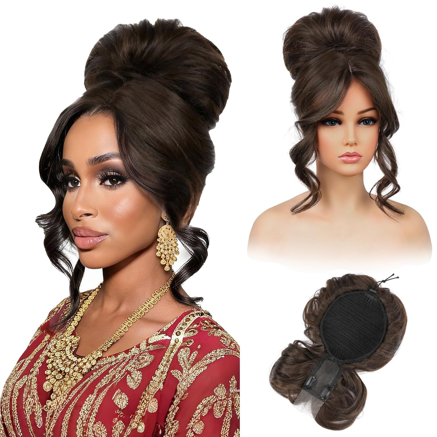 Messy Bun Hair Piece with Bangs - 2-in-1 Drawstring Ponytail Extension & Updo Wig | Natural-Looking Black Hair Topper