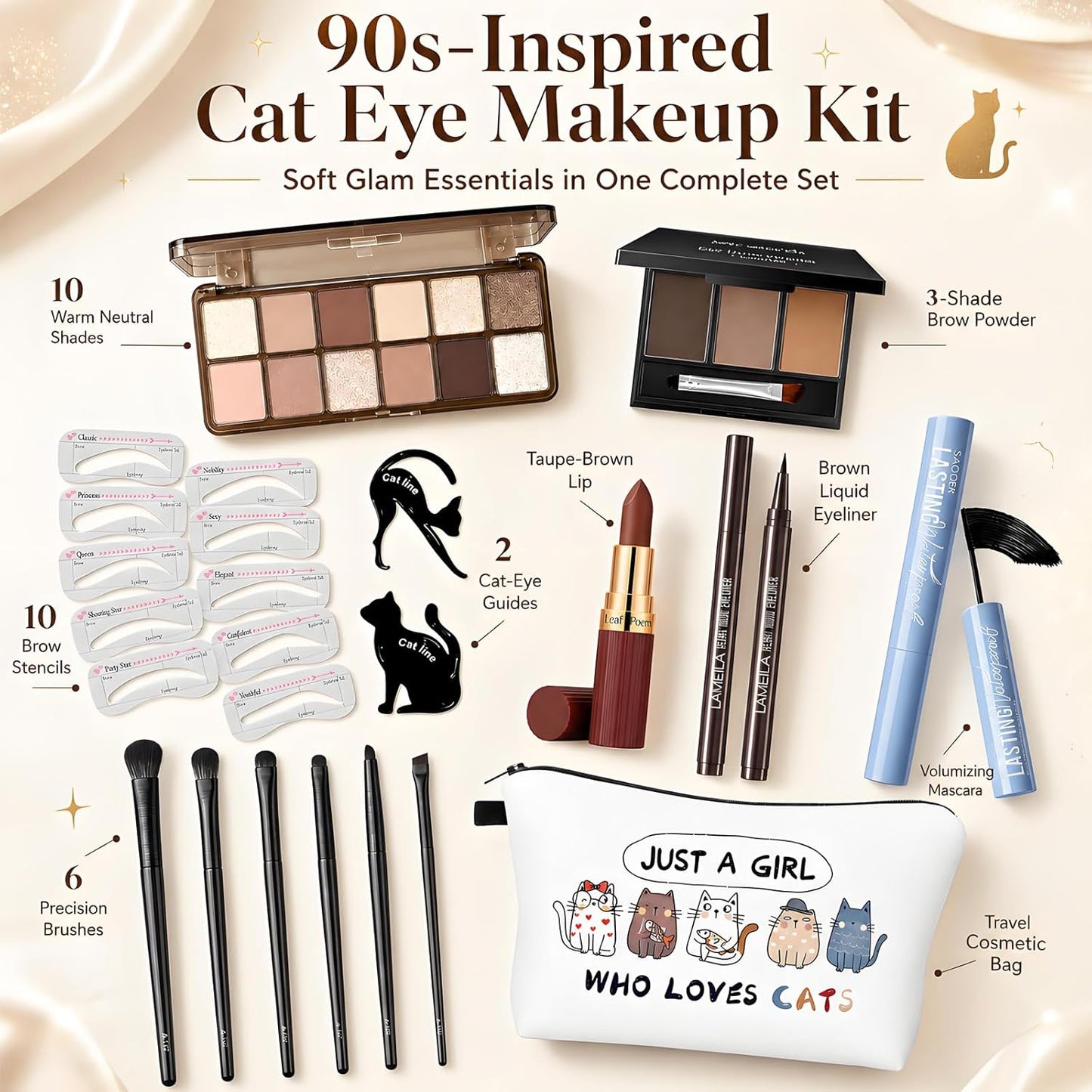 Eye Makeup Kit for Women - 90s Neutral Eyeshadow, Brow Powder, Cat Eyeliner Guides | Complete Makeup Gift Set for Girls & Teens