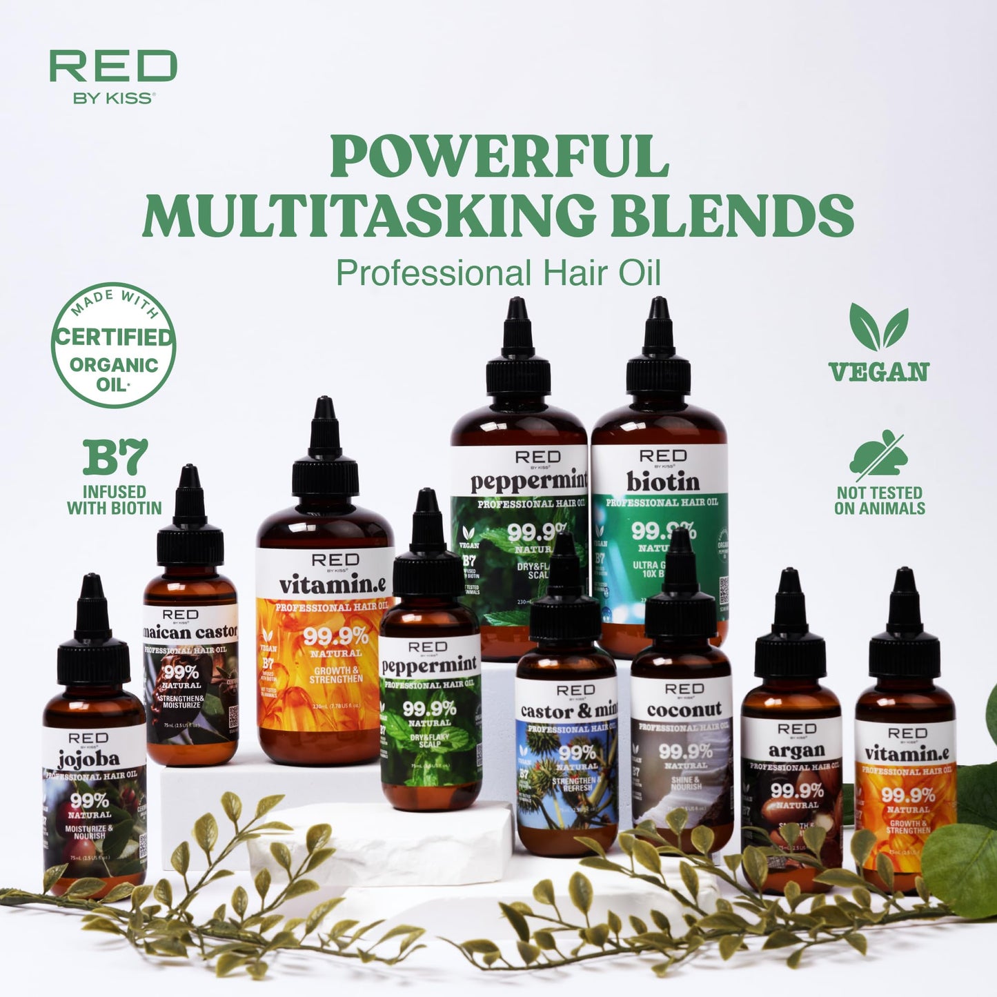 Red by Kiss Professional 99.9% Natural Hair Oil, Organic Vegan Oil Blend for Dry & Itchy Scalp Relief, Hydrating Biotin Infused, Nourish Add Shine & Smooth Hair (Tea Tree, 2.5 Fl Oz)