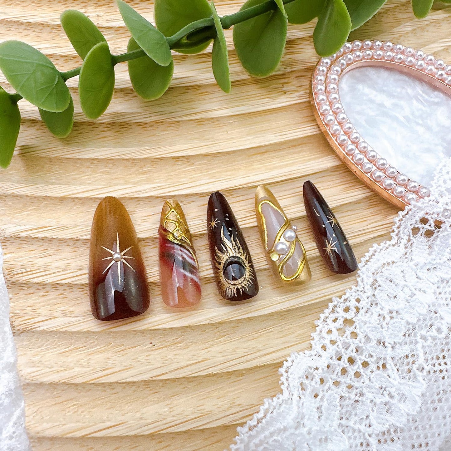 30Pcs Long Almond Press-On Nails - 3D French Tip with Pearl Rhinestones & Gothic Design | Full Cover Acrylic Nails for Women