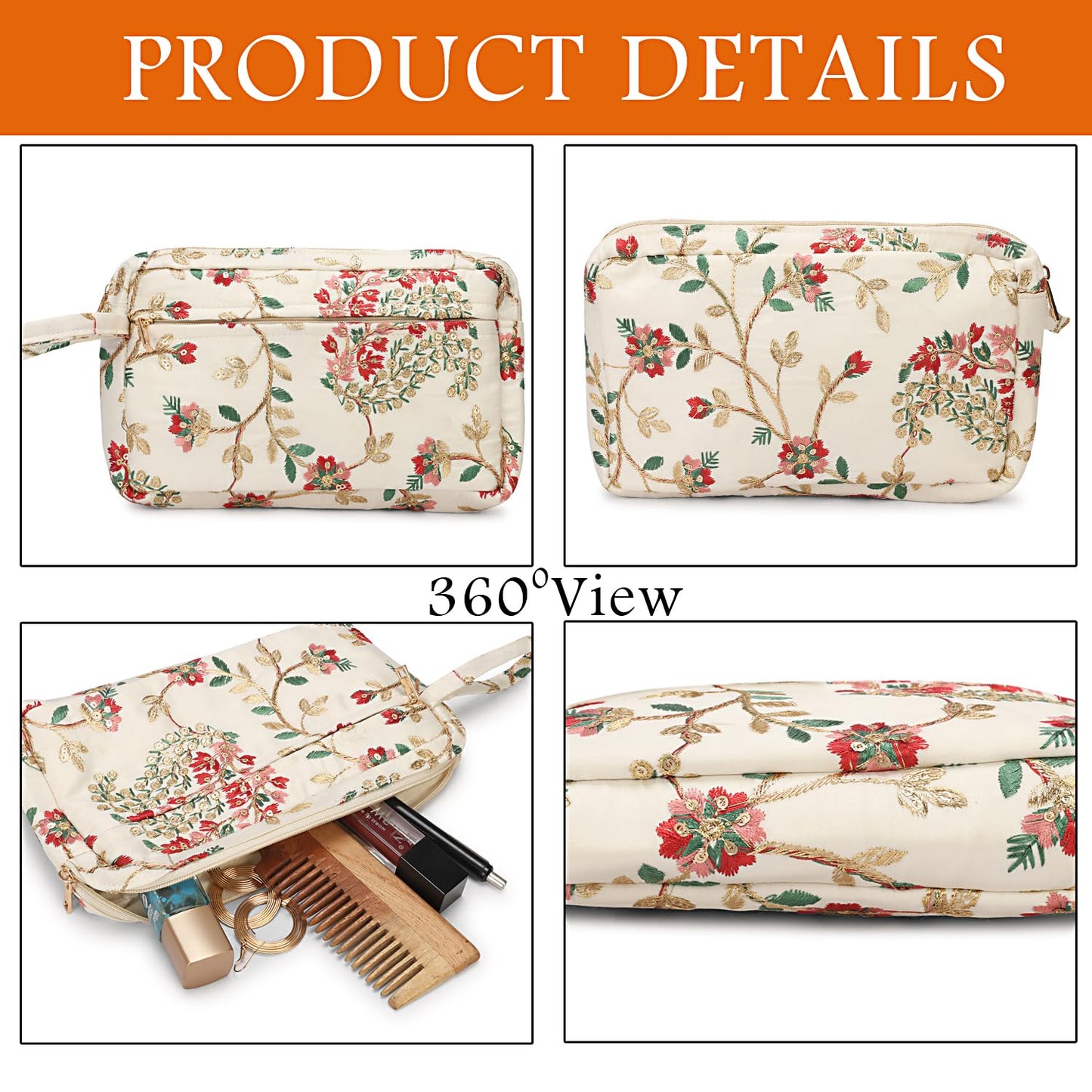 LONGING TO BUY Floral Embroidered Cosmetic Pouch, Make Up Organizer Pouch for Women, Zip Pouch Combo for Multiple Use Wristlet Design (White Multi)