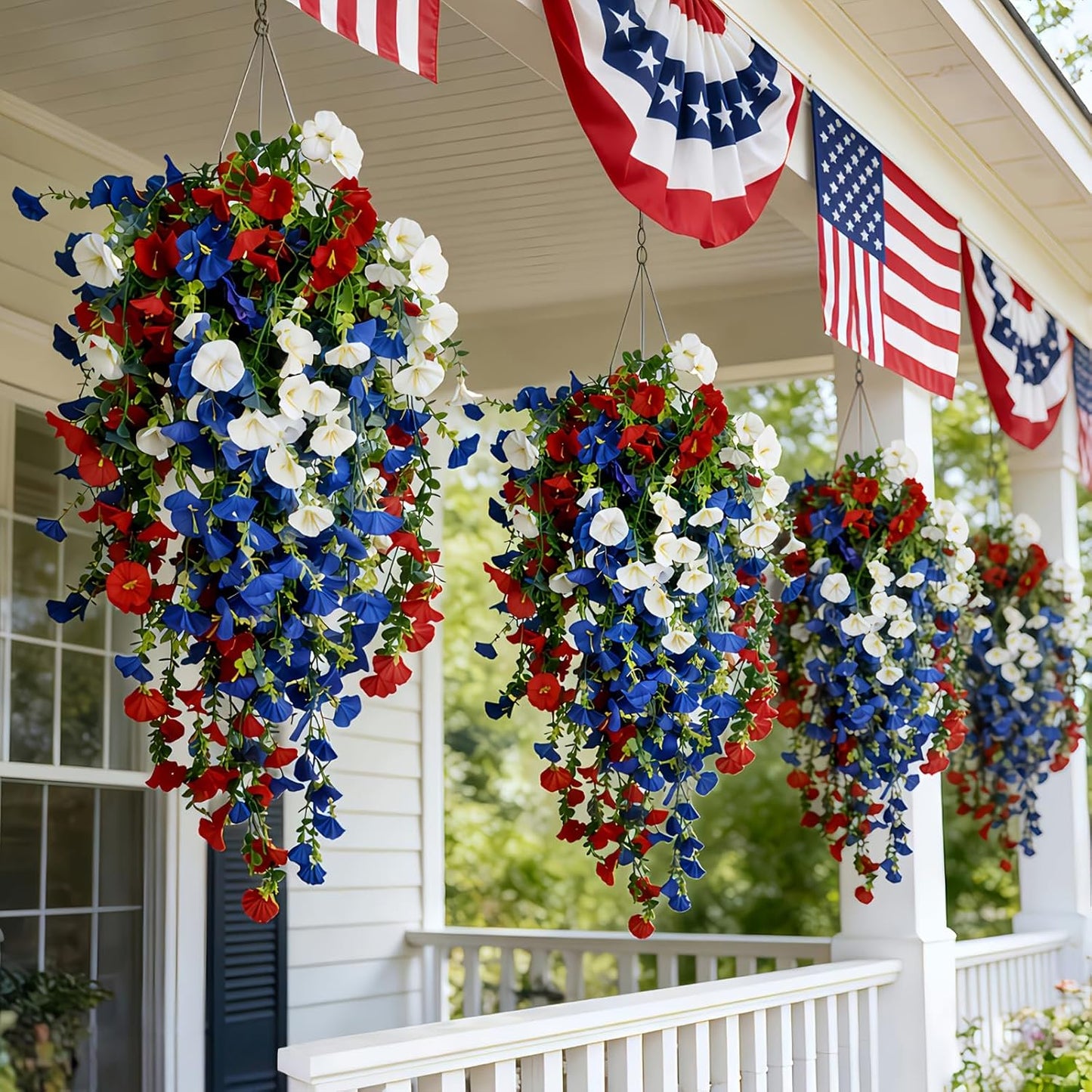 Patriotic Hanging Artificial Flowers - 3-Piece Red, White & Blue Floral Baskets | 4th of July & Memorial Day Outdoor Decor
