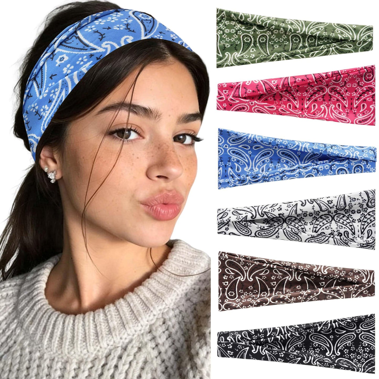 FARSYOD Boho Paisley Headbands For Women Non Slip Elastic Head Wraps 6Pcs