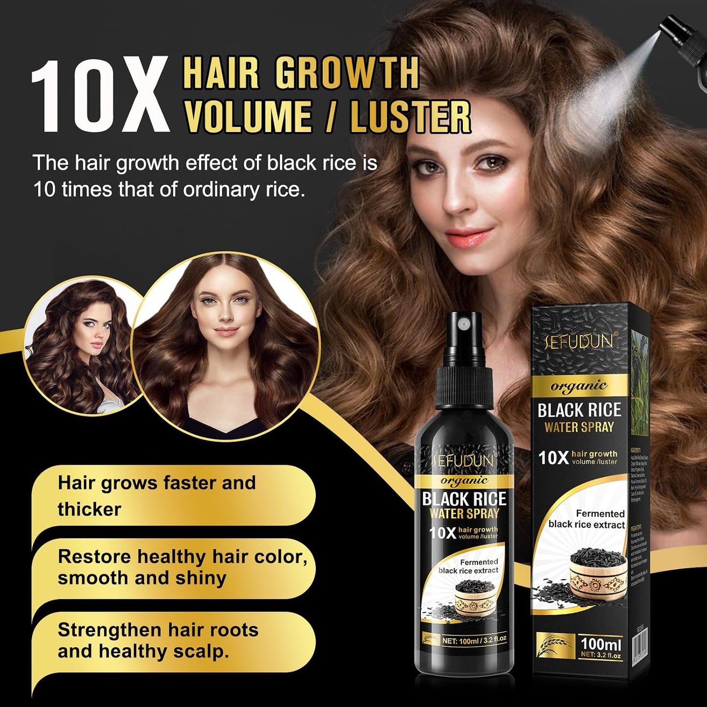 Organic Black Rice Water Spray - Hair Growth Solution with Castor Oil & Ginger Extract | 100ml/3.2 fl.oz