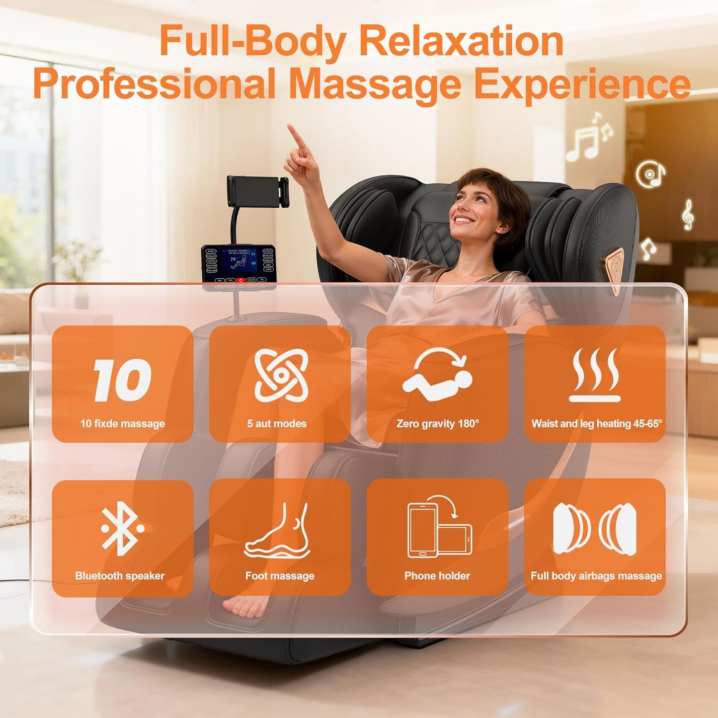Full Body Massage Chair - Zero Gravity Recliner with 10 Rollers, Airbags, Heating & Bluetooth | Black