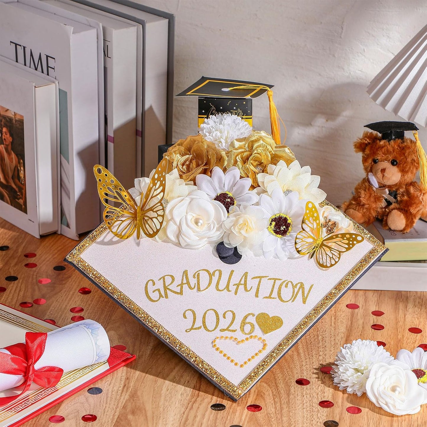 DIY Graduation Cap Decorations Kit - 43 PCS with Faux Flowers, 3D Butterflies & Rhinestone Stickers | Perfect for 2026 Grad Party (White)