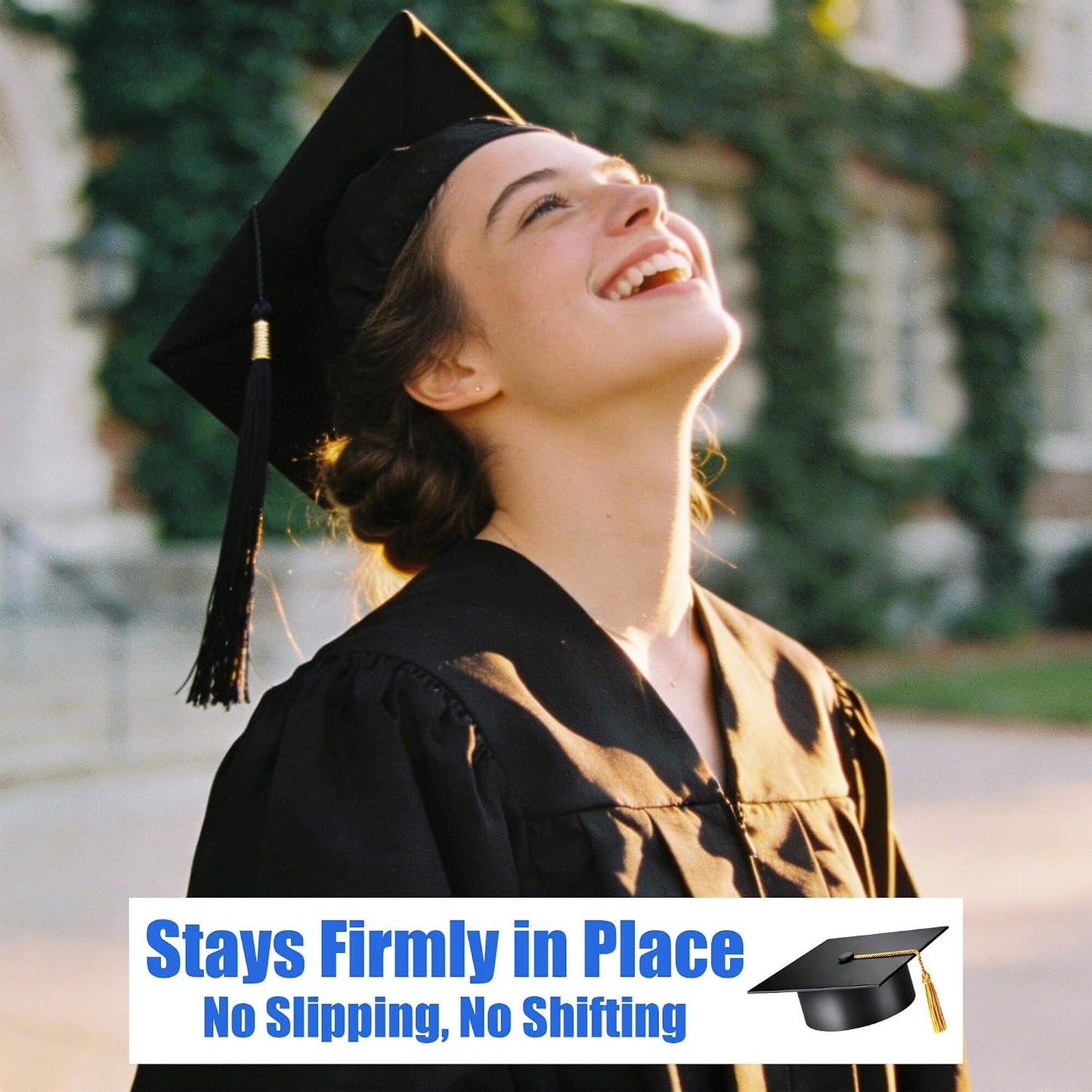 Adjustable Graduation Cap Headband - Invisible Anti-Fall Design | Fits All Head Sizes & Hairstyles - Black