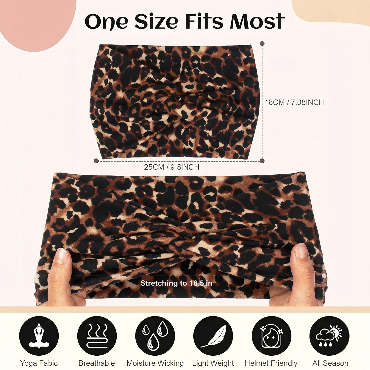 WENNKINN 7-Inch Wide Headbands for Women – 3 Pack Soft Thick Turban Hair Bands, Bandana-Style Head Wraps for Workout Yoga Sleep, Fashion Accessories with 6 Pcs Hair Ties-Brown leopard, Black