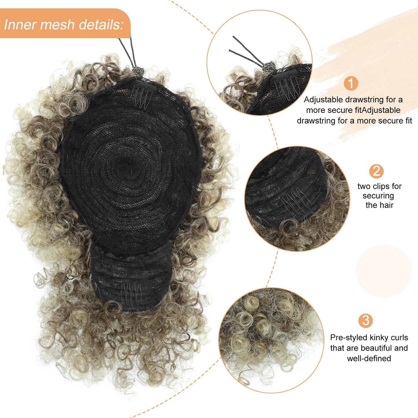 Afro Puff Drawstring Ponytail - Kinky Curly Synthetic Hair Extension for Black Women | Short Dark Brown & Blonde Mix