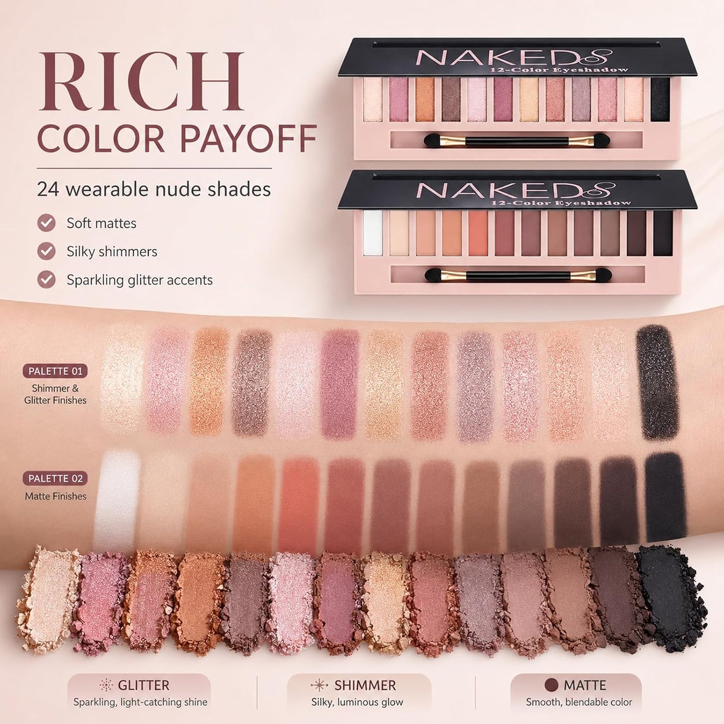 Naked Eyeshadow Palette Kit - 12 Colors Matte & Shimmer | Waterproof Smokey Glitter Eyeshadow for Women