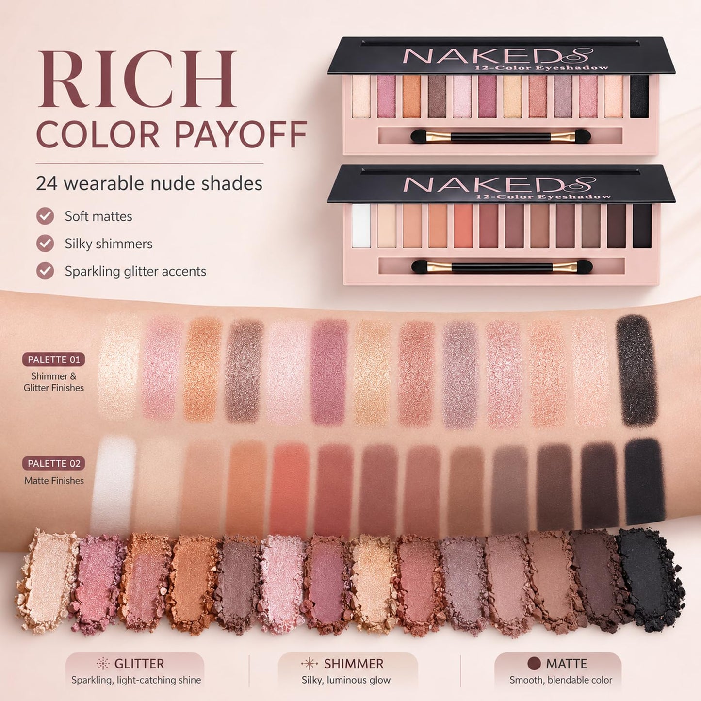 Sulily 12 Colors Naked Eyeshadow Palette Kit, Nude Matte Shimmer Smokey Glitter Pigment Eye Shadow Palettes, Professional Waterproof Makeup Palettes, Eye Shadow Gifts for Women