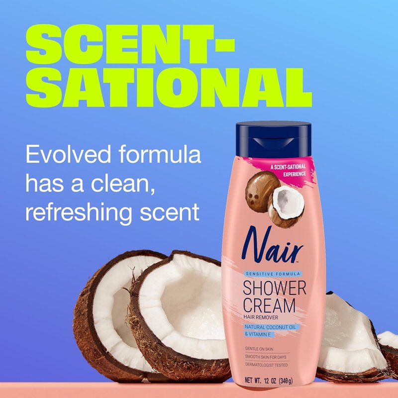 Nair Sensitive Formula Shower Cream - Quick Hair Removal with Coconut Oil & Vitamin E | 12 oz