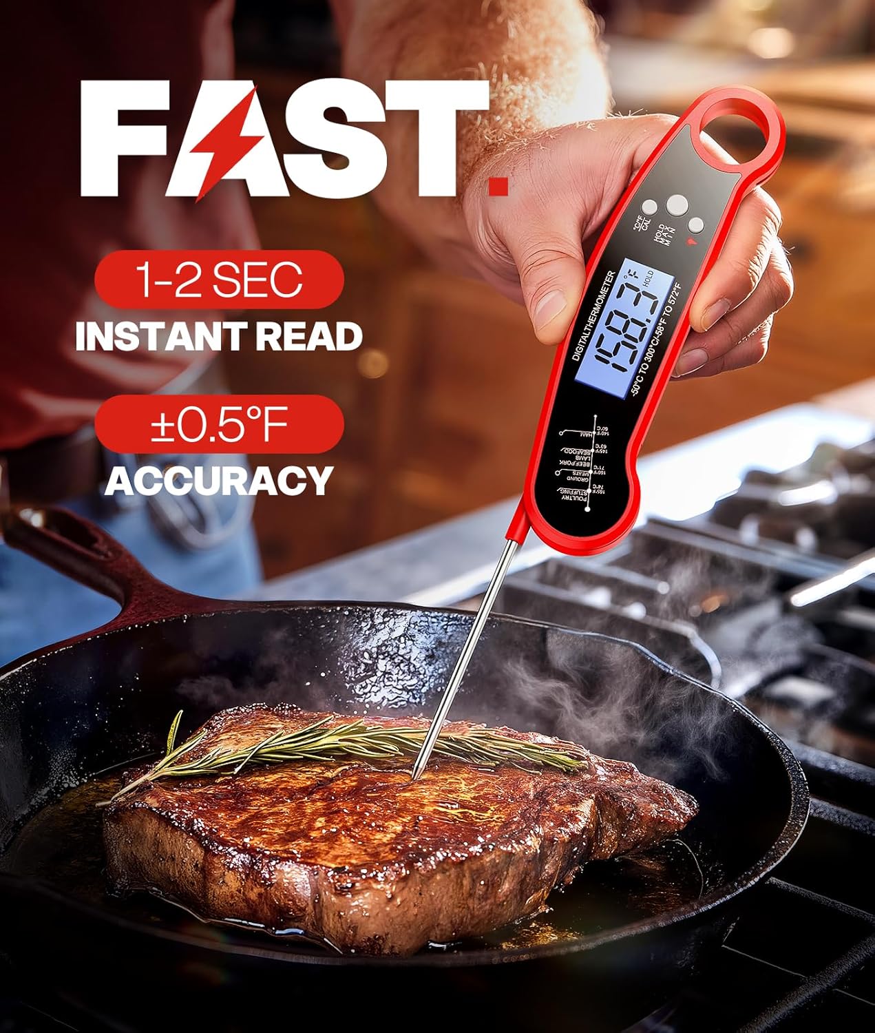 Digital Meat Thermometer - Instant Read Cooking Thermometer for Grilling, BBQ, Air Fryer | Red Color