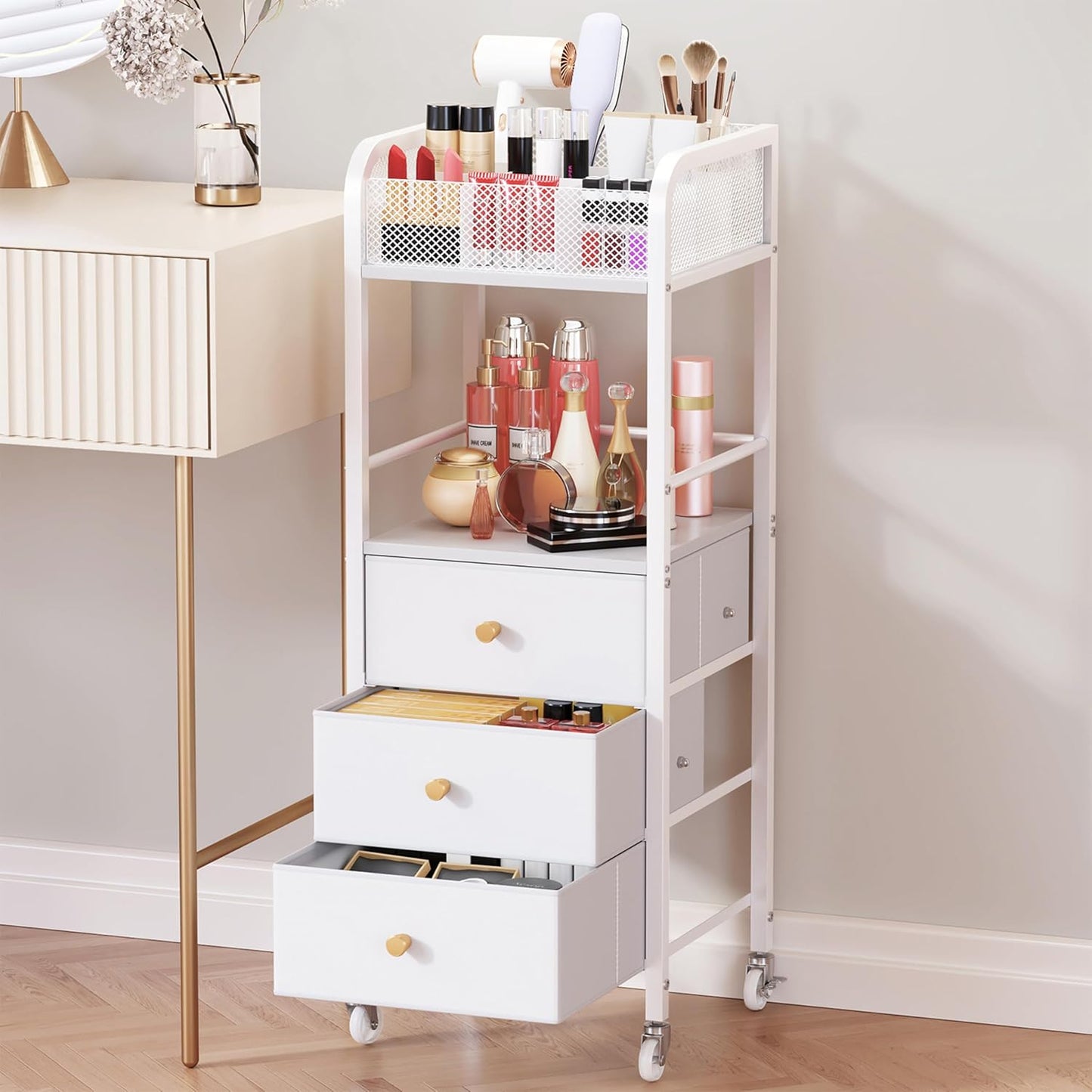 Rolling Makeup Cart Organizer - Skincare & Cosmetic Storage with 3 Fabric Drawers | Vanity Display Case for Beauty Tools