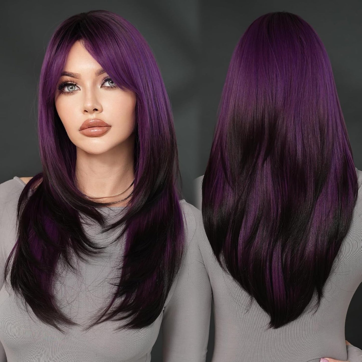 Long Natural Black Wig with Bangs - Heat Resistant Synthetic Hair for Daily Wear