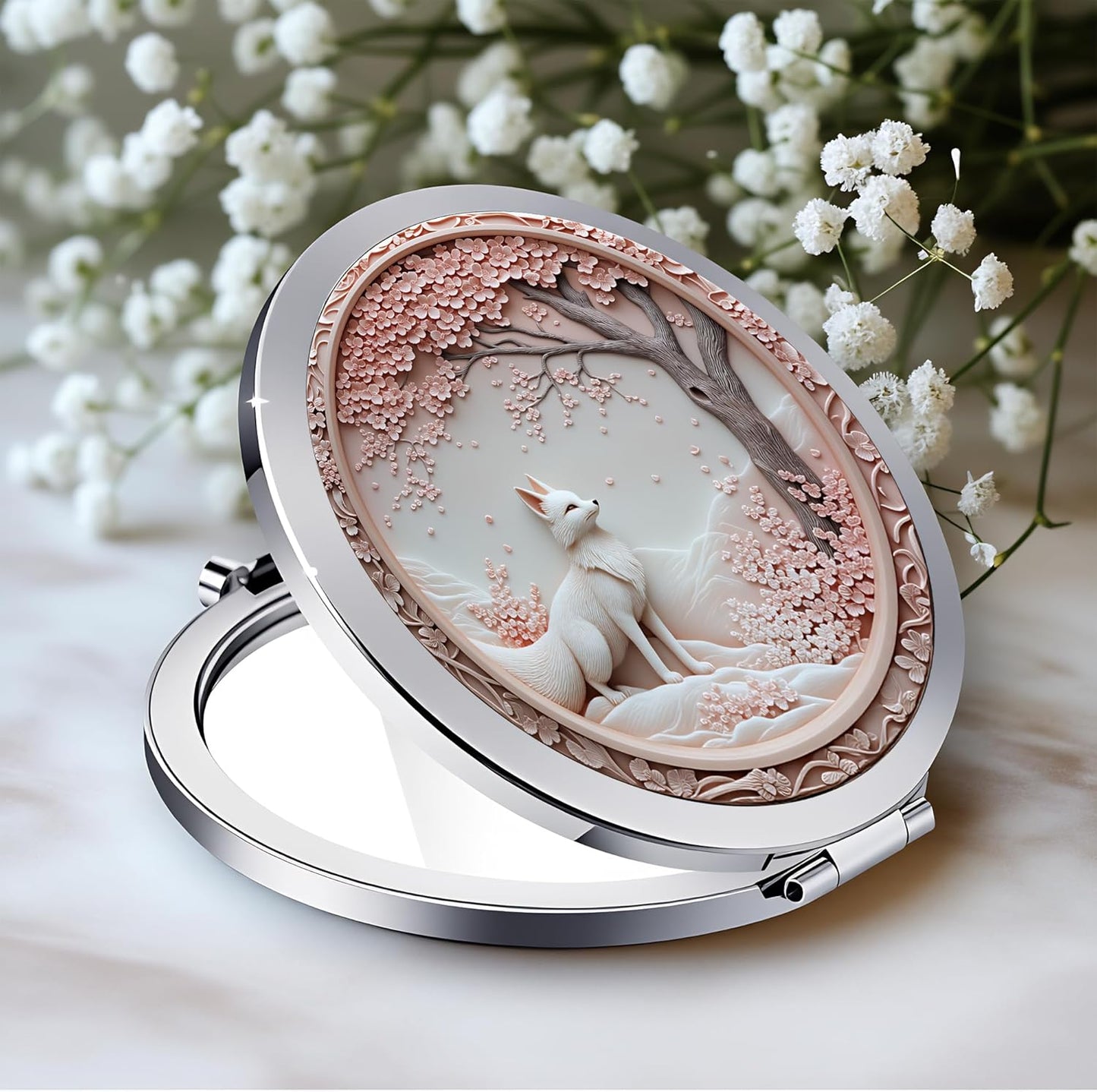 Silver Compact Mirror - Double-Sided Folding Makeup Mirror with Sun Moon Floral Design | 2.8"x2.8" - Perfect Gift for Women