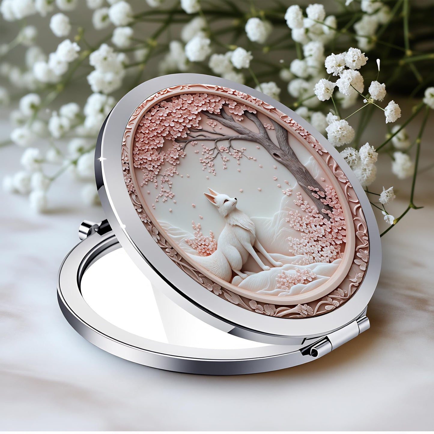 Silver Compact Mirror, 2.8x2.8inch Double-Sided Folding Makeup Mirror with Cherry Blossom White Fox Design, Ideal Gift for Women