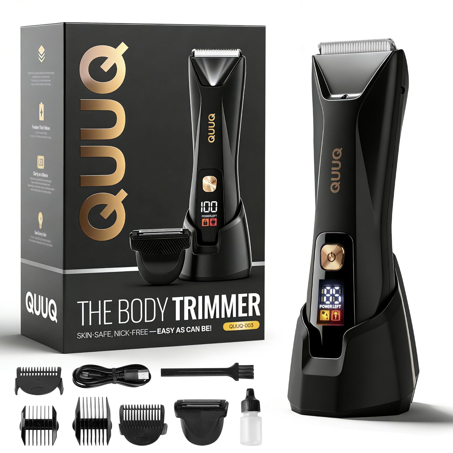 QUUQ Trimmer for Men - Body Hair Trimmer for Men -SkinSafe- Manscape - Ball Trimmer Men with Display & Light - IPX 7 Rated Waterproof Groomer kit for Groin Rechargeable with Ceramic Blades with 5 Kit
