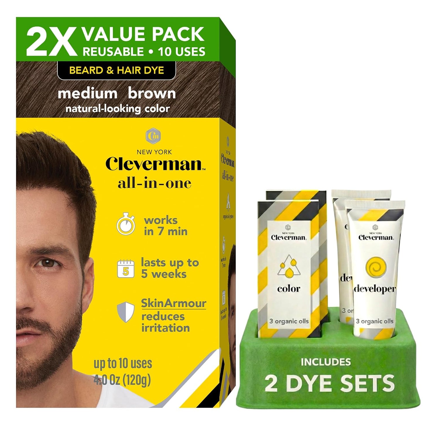Reusable Hair & Beard Dye for Men - Medium Brown | Natural Gray Coverage, No-Drip Cream, Up to 5 Uses