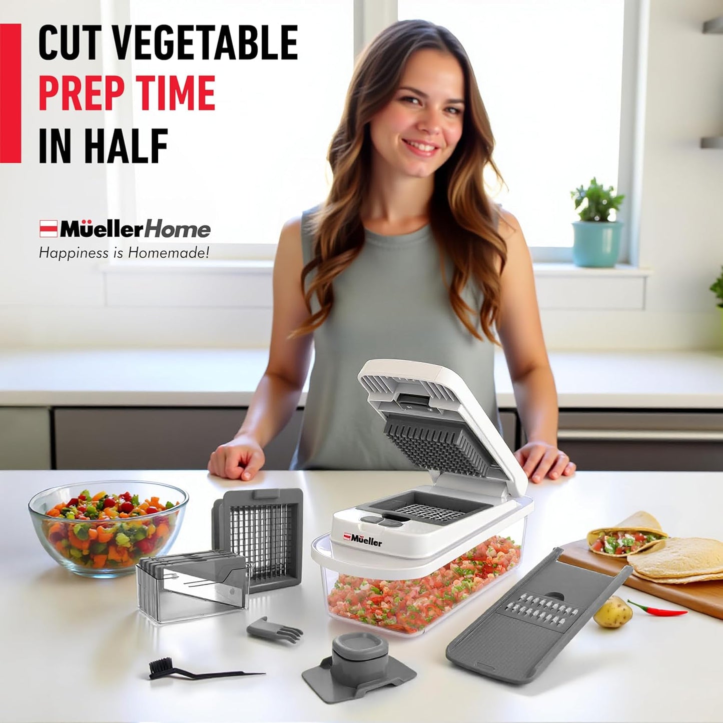 Mueller Vegetable Chopper - 10-in-1 Mandoline Slicer with 8 Blades & Container | Kitchen Gadget Essentials