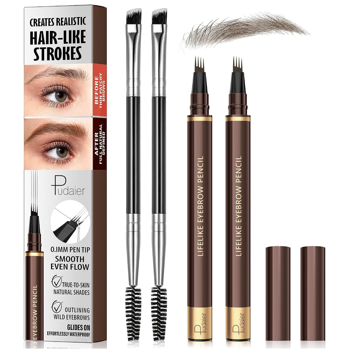Microblading Eyebrow Pen Set - 4-Tip Waterproof Vegan Formula for Natural Hair-Like Strokes | 2 Pack Soft Brown