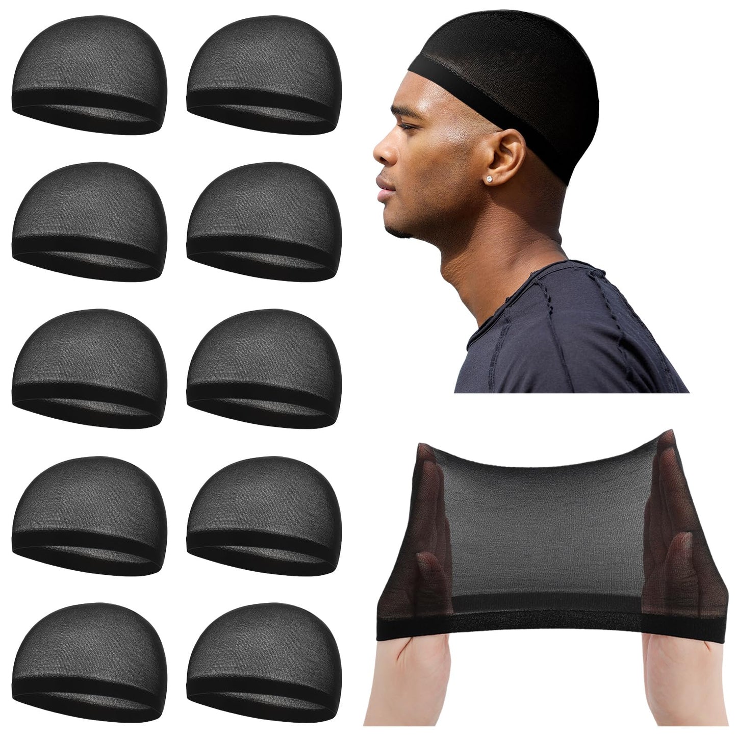 Ramede 10 Pcs Stocking Wave Cap for Men Adult Stretchy Nylon Skull Wave Lightweight Beanie Caps Waves for Man Women (Black)