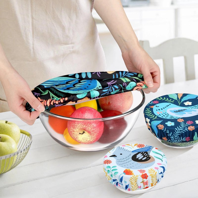Revahope 5 Pieces Bowl Covers Reusable, 5 Size Elastic Cloth Bowl Covers for Bread Proofing, Food Covers Washable for Food Fruits Leftover (Floral Bird)