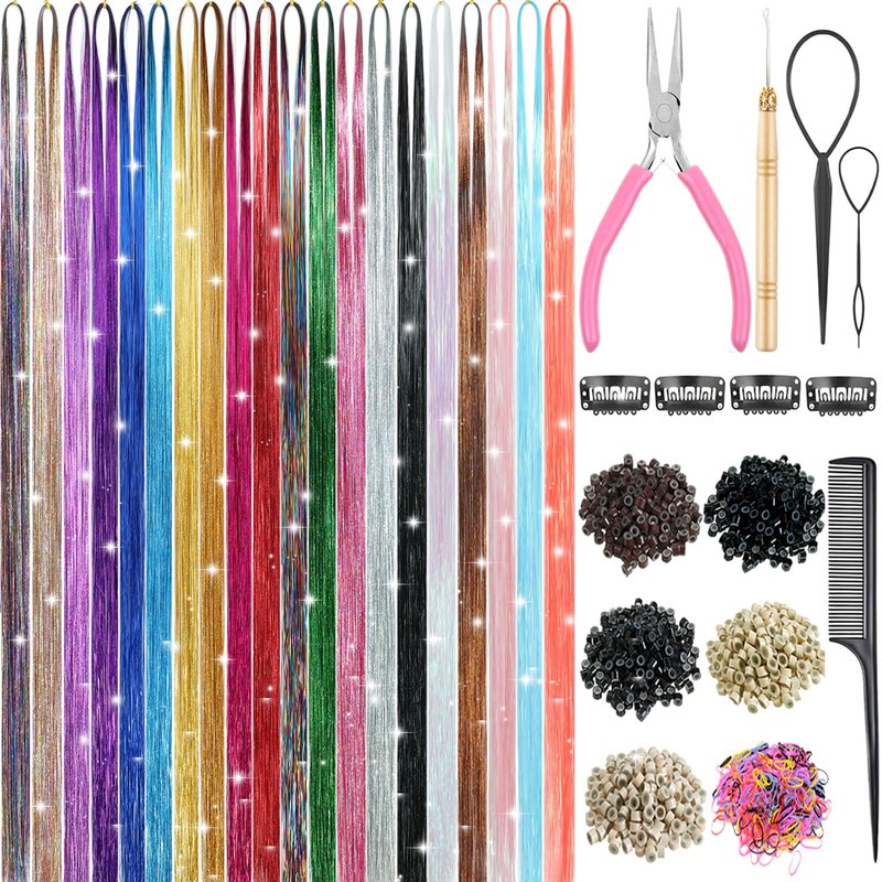 Hair Tinsel Kit - 48 Inch 8000 Strands Heat Resistant Glitter Extensions | 20 Color Options for Sparkling Hair Effects