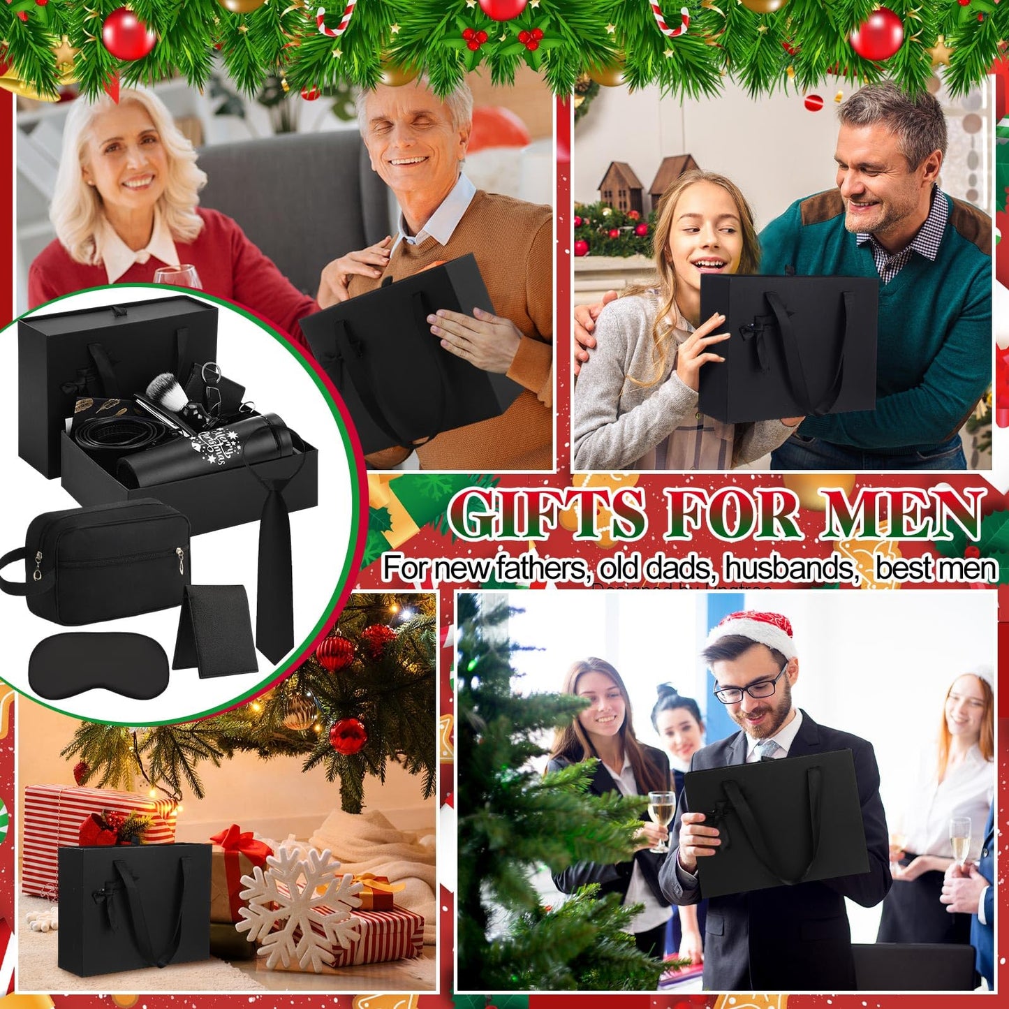 Tioncy 12 Pcs Christmas Men Gift Set Birthday Gifts Baskets with Box Tumbler Bottle Opener Keychain PU Leather Wallet Tie Belt Bag Bracelet Eye Mask Xmas Party Present Box for Dad(Delicate Pattern)